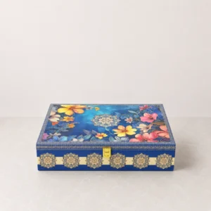 Blue Blossom Box closed premium floral wooden gift box for chocolates, dry fruits, Diwali, Raksha Bandhan and corporate gifting