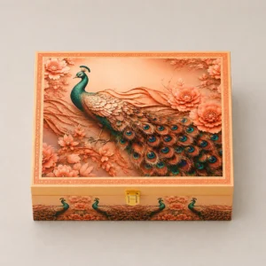 Floral Peacock Box front featuring an elegant floral and peacock design with a premium finish, magnetic closure and luxury gift box for dry fruits, chocolates and festive gifting.
