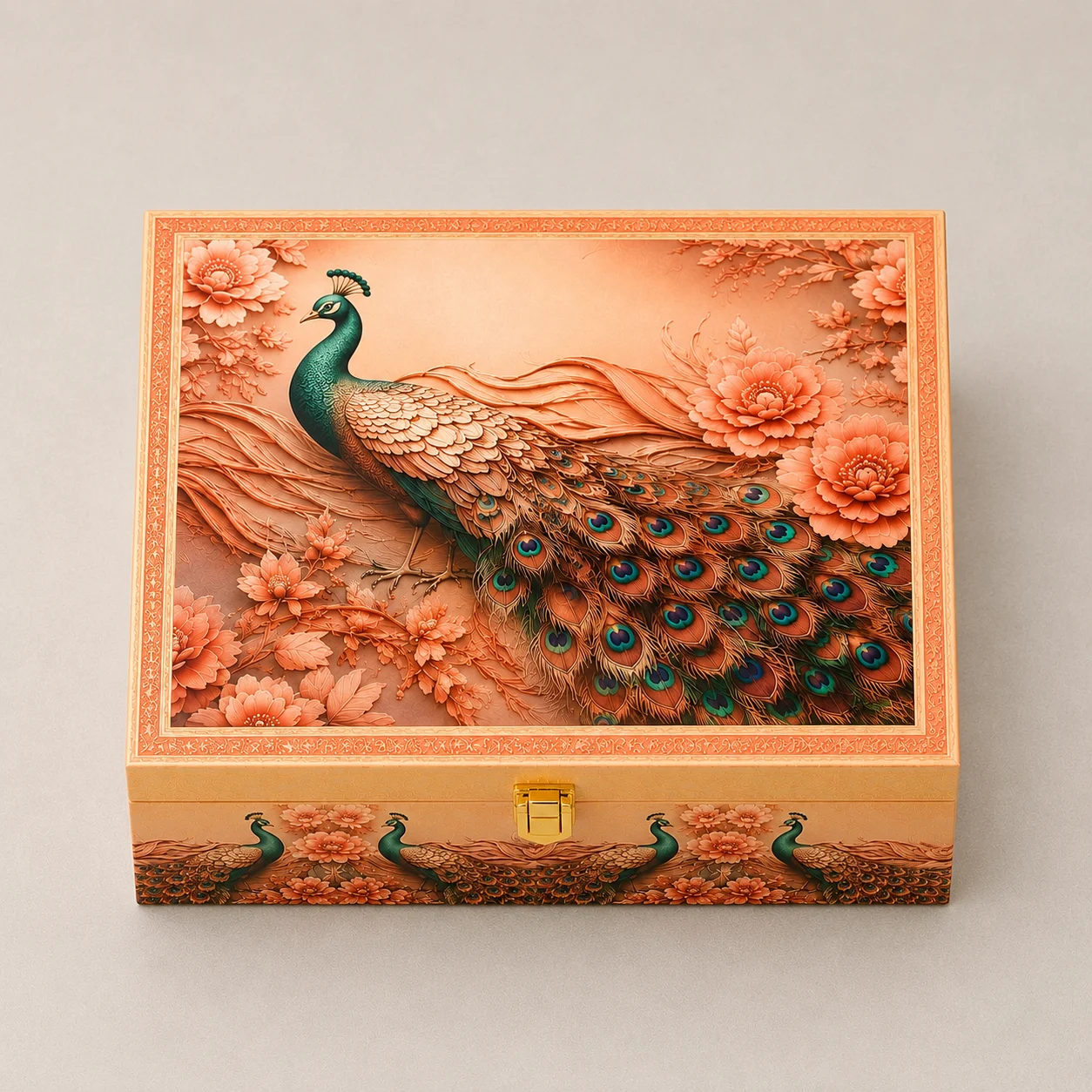 Floral Peacock Box front featuring an elegant floral and peacock design with a premium finish, magnetic closure and luxury gift box for dry fruits, chocolates and festive gifting.