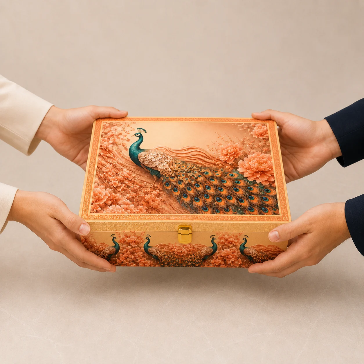 Floral Peacock Box beautifully presented as a luxury gift hamper filled with premium dry fruits, chocolates and gourmet treats for Diwali, Raksha Bandhan, weddings and corporate gifting.