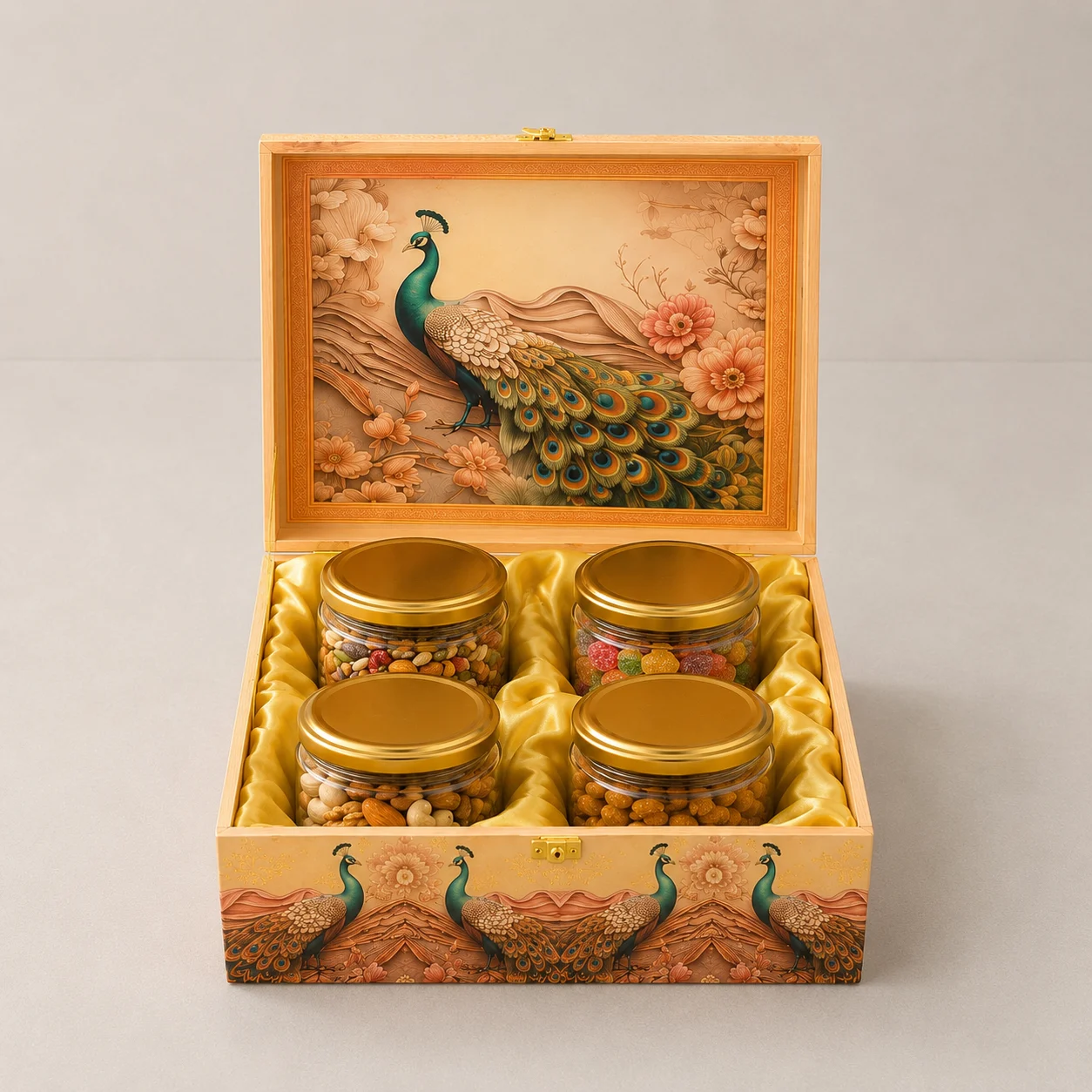 Floral Peacock Box open displaying a spacious premium interior for arranging dry fruits, chocolates, sweets and luxury festive gift hampers.