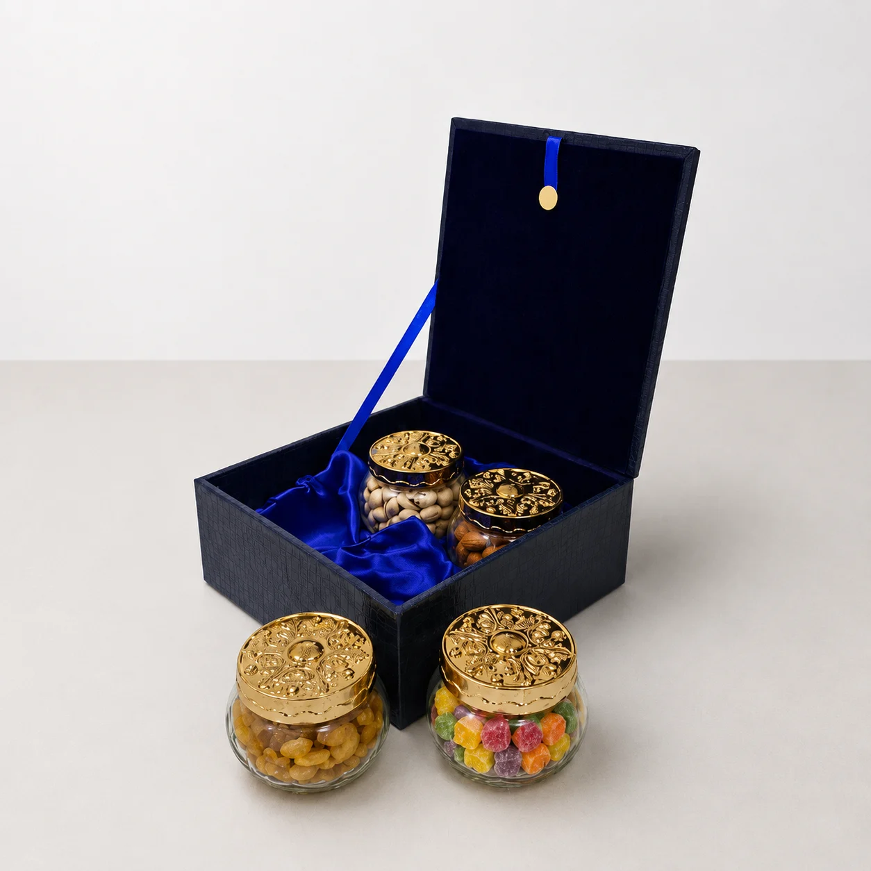 Peacock Dry Fruit Box open displaying a spacious premium interior for arranging dry fruits, chocolates, sweets and luxury festive gift hampers.