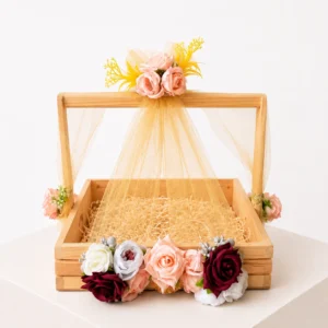 Custom Floral Wooden Hamper decorated with premium artificial flowers, wooden basket, and elegant net fabric for personalized gift hampers.