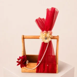 Custom Wooden Hamper with Red Floral Decoration for Personalized Gift Hampers by Kaushik Krafts